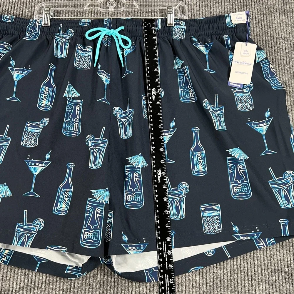 Caribbean‎ Swim Shorts Mens 4XB Big Blue Geometric Lined Ocean Beach Pool New